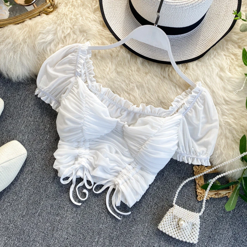 Sexy Short Cropped Umbilical Puff Sleeves Drawstring Pleated Waist Top