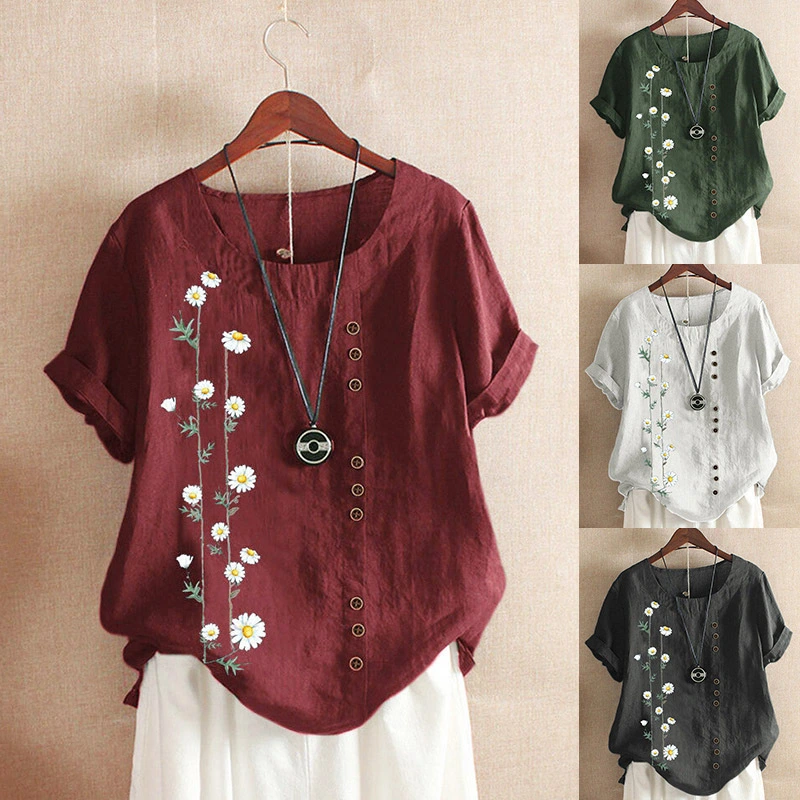 Cotton Linen Daisy Print Loose Short Sleeve Casual Shirt