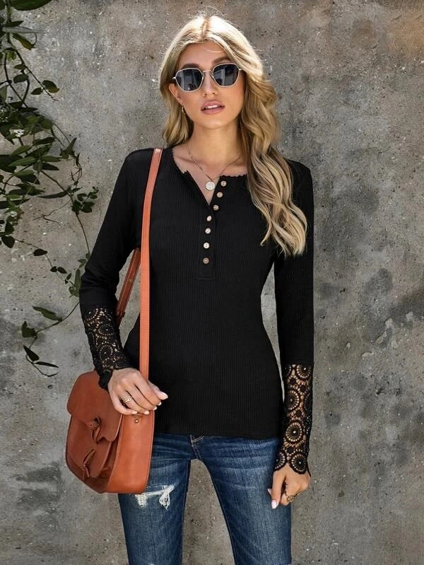 Stitching Lace Sleeves Loose Solid Color Long Sleeves