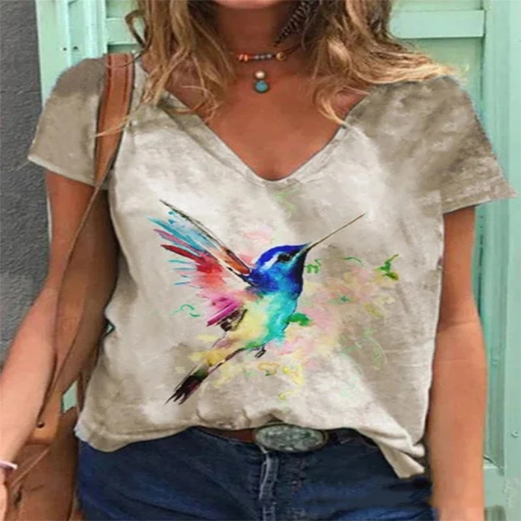 V-neck Digital Printing Casual Short Sleeves