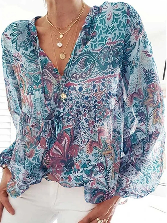 Bohemian Print V-neck Lantern Sleeve Shirt