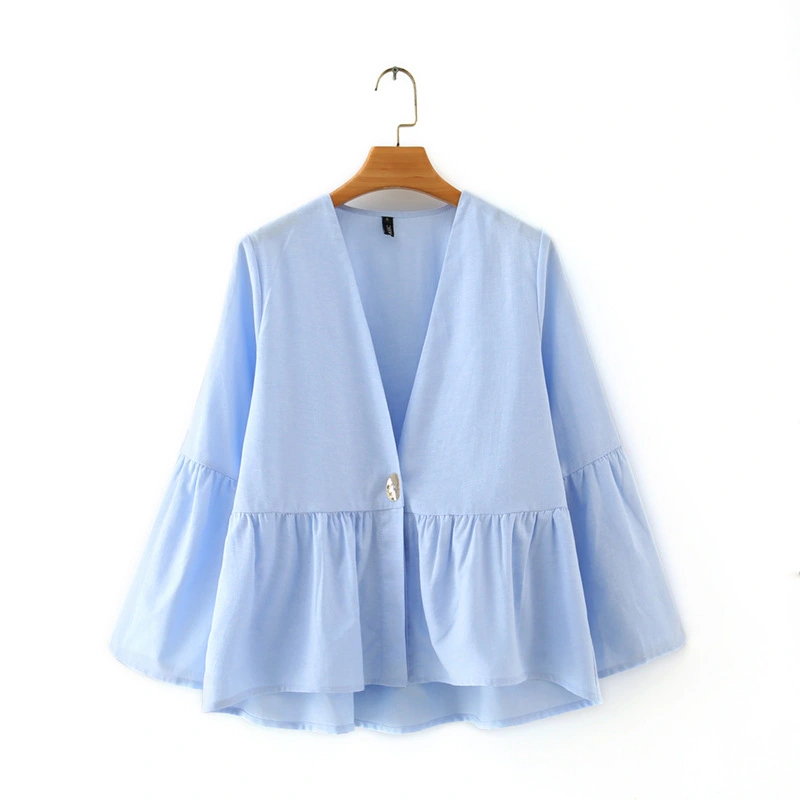 Ladies Blue Casual Long Sleeved V Neck One Button Top Shirt