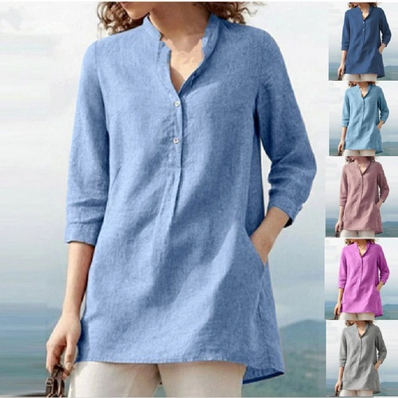 Women's Three-quarter Sleeve Stand Collar Cotton And Linen Casual Pullover Shirt
