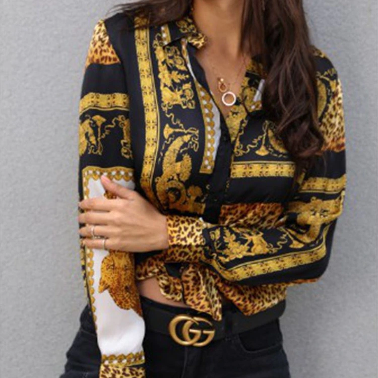 Elegant Print Loose Crop Shirt Ladies Button Down Shirt 