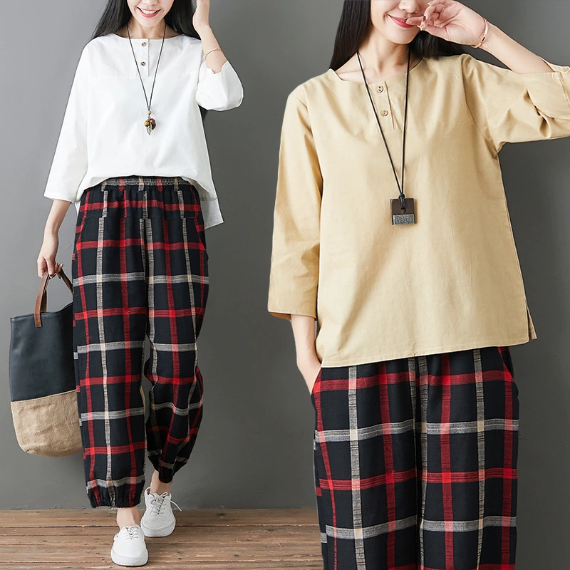 New Style Cotton And Linen Retro Wooden Button Round Neck Pullover T Shirt Women