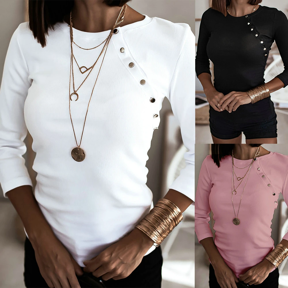 Ladies Bevel Button Round Neck Slim Solid Color All Match Blouse