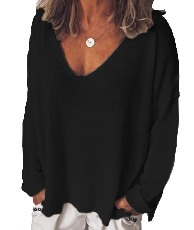 Women's V-neck Long-sleeved Solid Color T-shirt