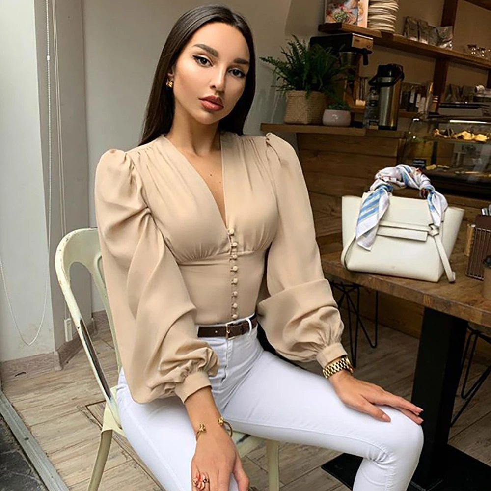 Spring And Summer New Solid Color V-neck Button Long-sleeved Puff Sleeve Slim T-shirt