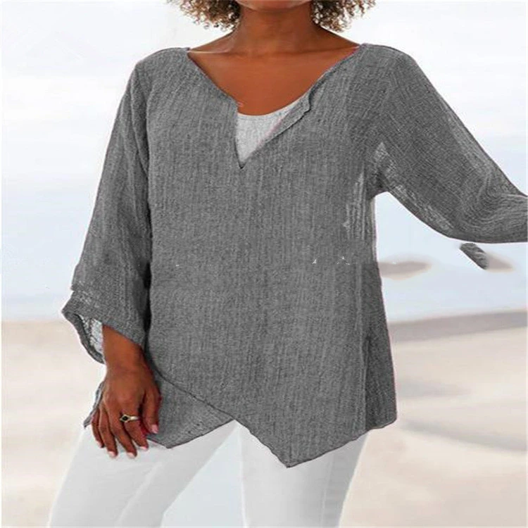 Cotton And Linen Round Neck Solid Color Long-sleeved Irregular Top