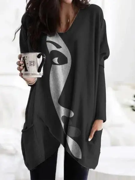  New Spring And Autumn Long-Sleeved Loose Print Pullover Mid-Length T-Shirt Women