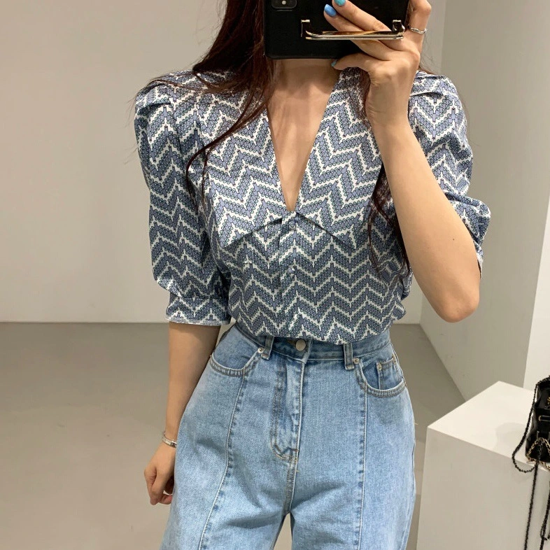 Retro Geometric Pattern French Lapel All-Match Puff Sleeve Puffy Shirt Women