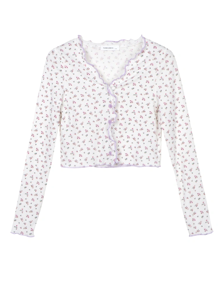 Slim Soft Girl Lace Stretch Long-sleeved Short-cut Small Floral Blouse Women