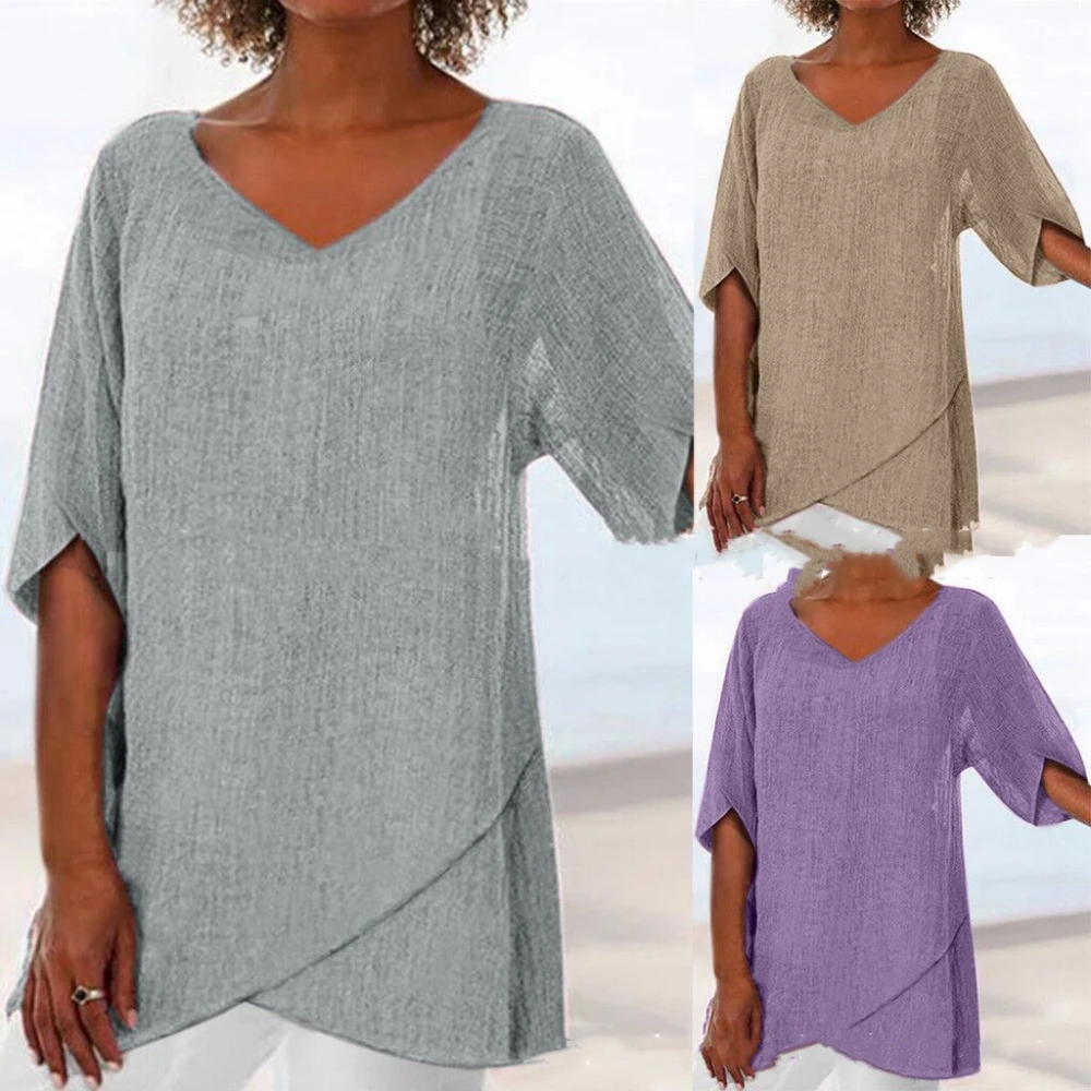 Cotton And Linen V Neck Lotus Leaf Sleeve Irregular Lady T Shirt