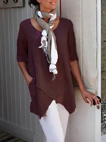 Irregular Hem Round Neck Linen Sleeve T-shirt