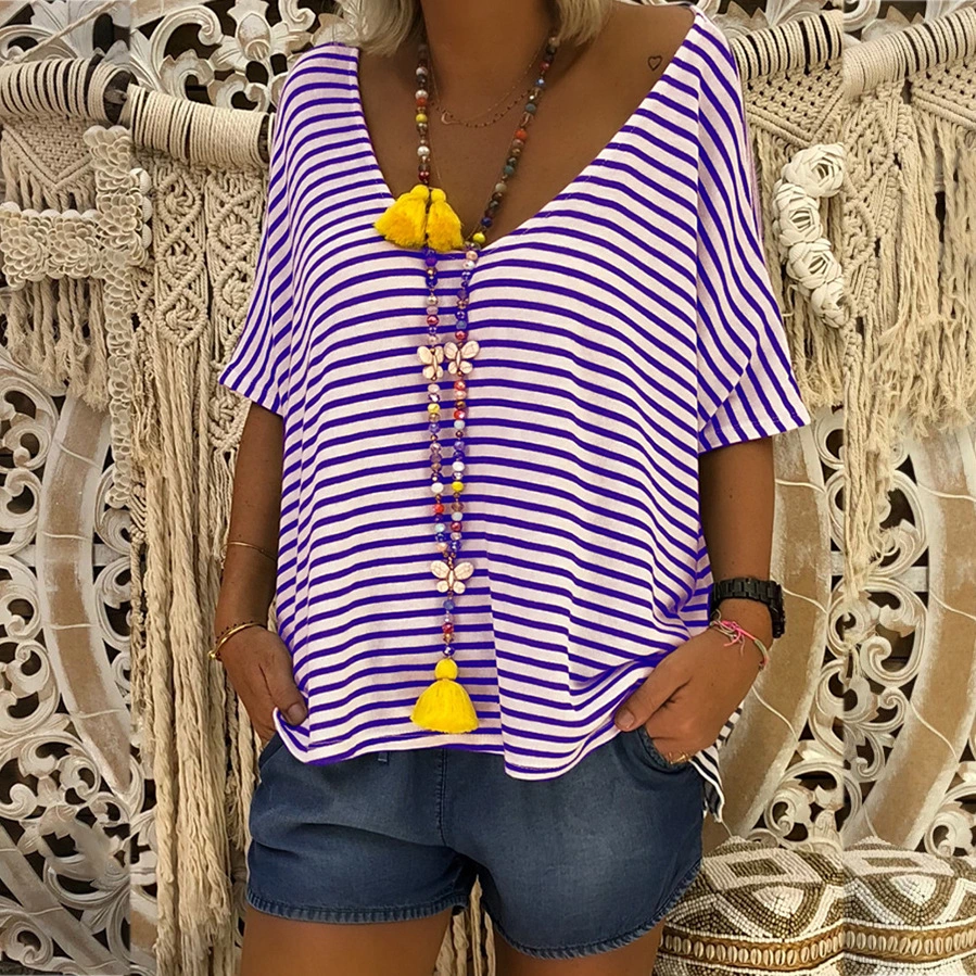 Women's V-neck Plus Size Mid-sleeve Striped Top