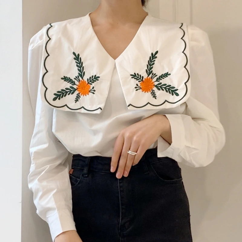 Spring Gentle Temperament Navy Collar Contrast Color Embroidery Design Loose Puff Sleeve Shirt Blouse Women