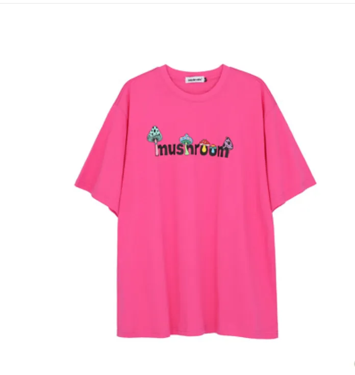 Cute Mushroom Letter Print Short Sleeve T-shirt Women Fashion Korean Loose Mid-length Men's and Women's Tops Couples