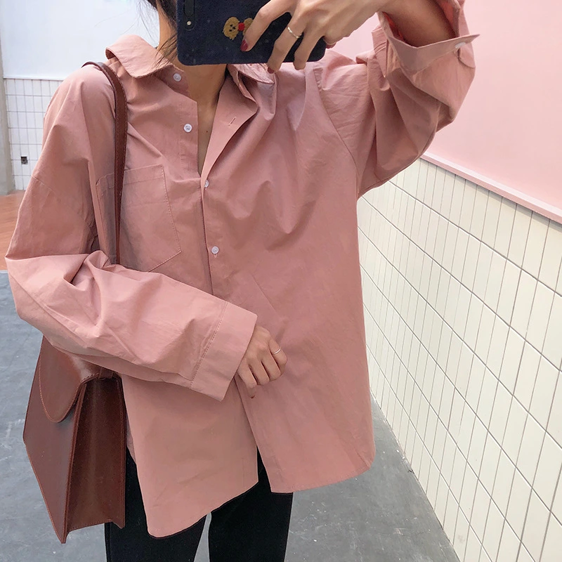 Spring And Autumn Korean Version New Loose Mid-Length Bf Wind Split Lapel Salt White Long-Sleeved Shirt Top Women