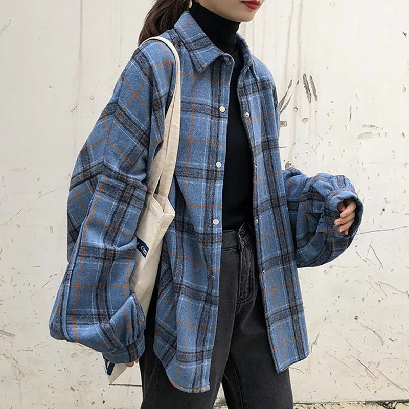 Women's Loose Plaid Lapel Buttoned Lantern Sleeve Shirt Long Sleeve Top