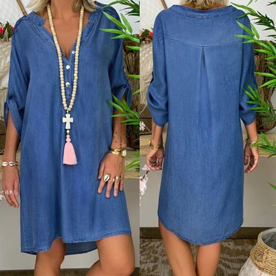 V-neck Pullover Shirt Sleeve Denim Dress
