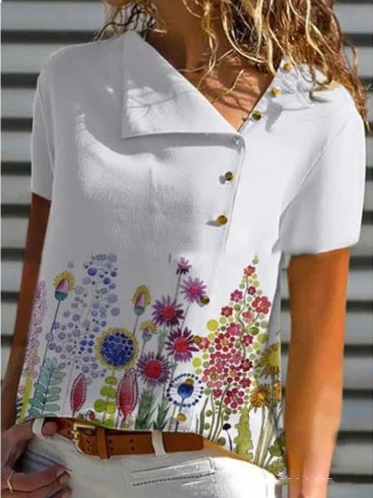 Polka Dot Flower Floral Casual Short-Sleeved Shirt Top