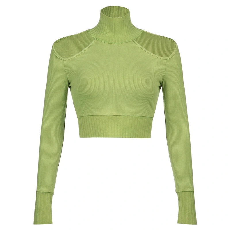 Lace-up High-neck Off-shoulder Long-sleeved T-shirt