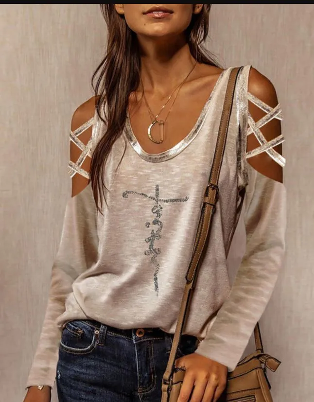 Women's Round Neck Lip Bubble Print Off Shoulder Strap T Shirt