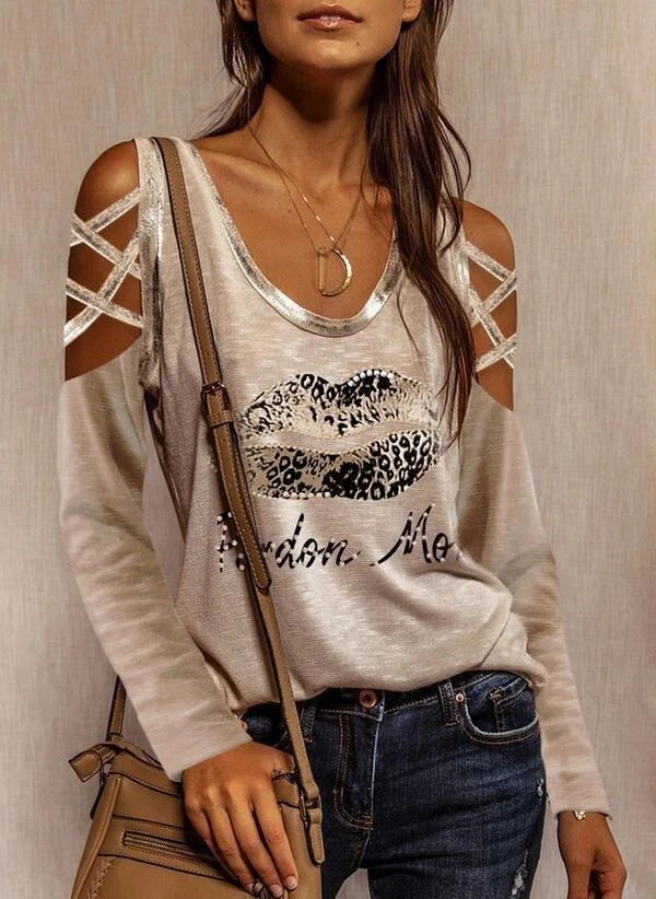 Women's Round Neck Lip Bubble Print Off Shoulder Strap T Shirt