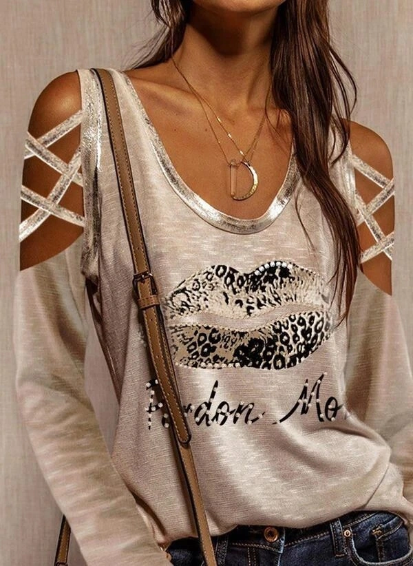 Women's Round Neck Lip Bubble Print Off Shoulder Strap T Shirt