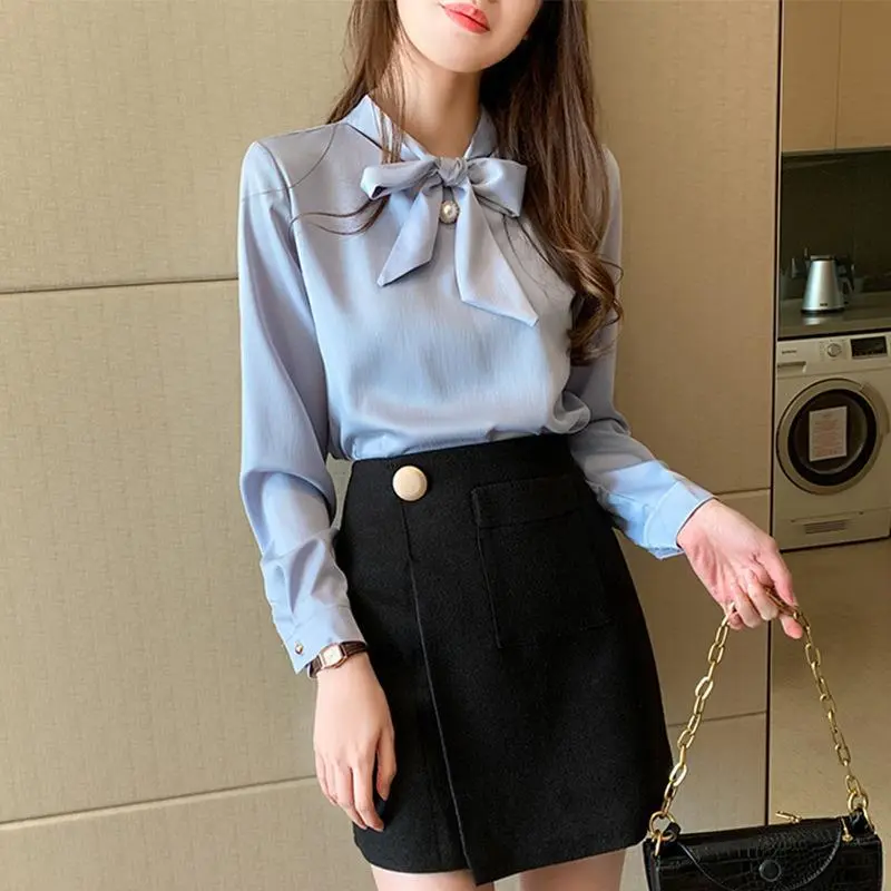 Spring New Bow Satin Long Sleeved Inner Shirt Blouse