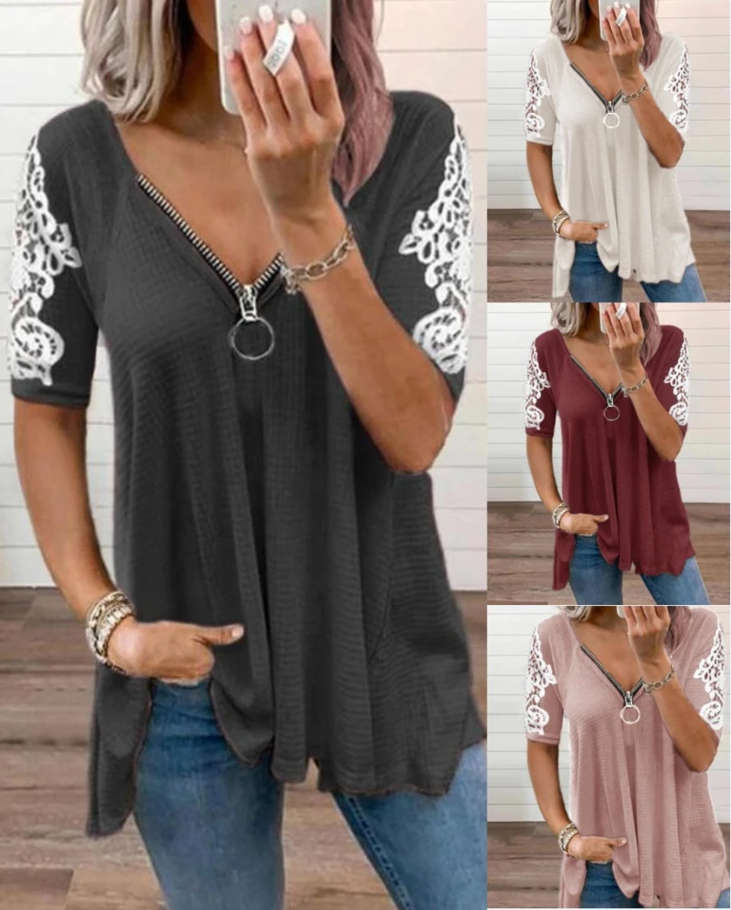 Low-cut V-neck Zipper Stitching Lace Short Sleeves