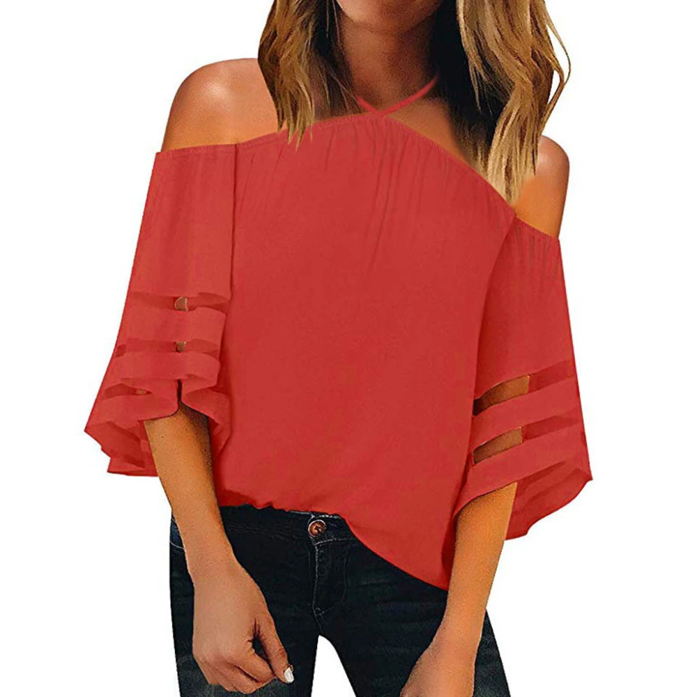 Short-sleeved See-through Stitching Women's Chiffon Shirt