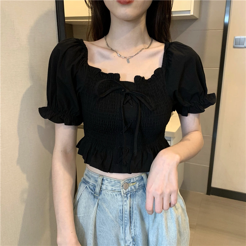 Short Slim Puff Sleeve Square Neck Clavicle Top French Short Sleeve Summer New Hot Girl Shirt