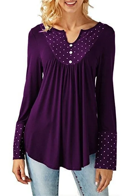 Polka Dot Print Long-sleeved V-neck T-shirt Top