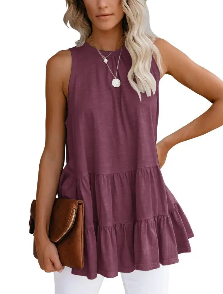 Solid Color Sleeveless T-Shirt Women Loose Round Neck Stitching