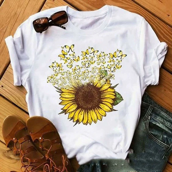 Sunflower Butterfly Print Round Neck Short Sleeve T Shirt