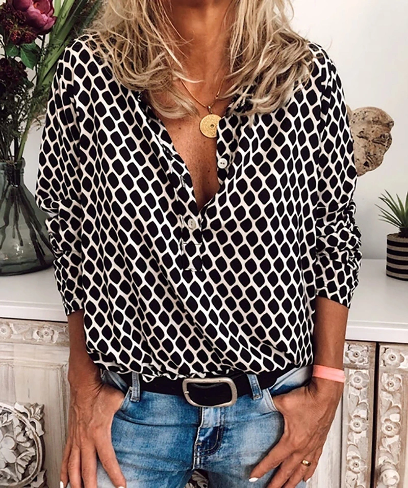 Fashion Printed Checkered Long Sleeve Button Ladies Top Shirt