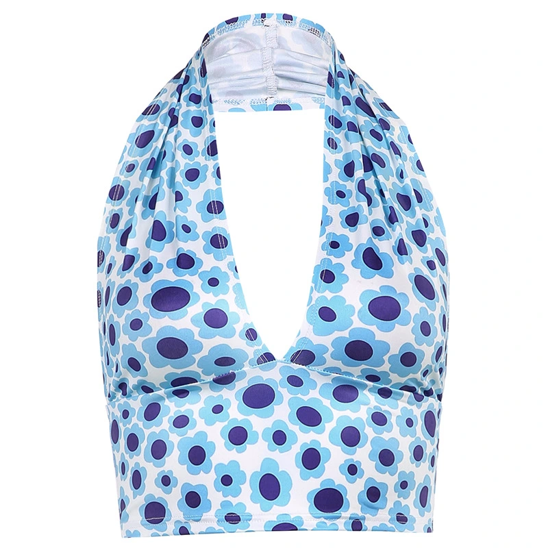 New Floral Printed Deep V-Neck Slim Navel Halter Halter Camisole