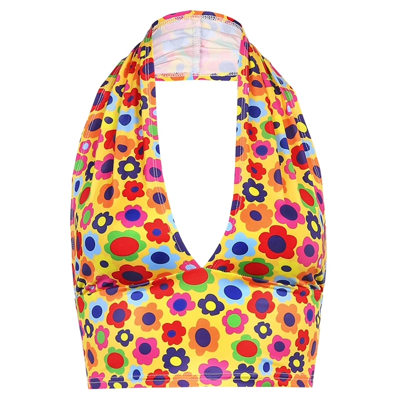 New Floral Printed Deep V-Neck Slim Navel Halter Halter Camisole