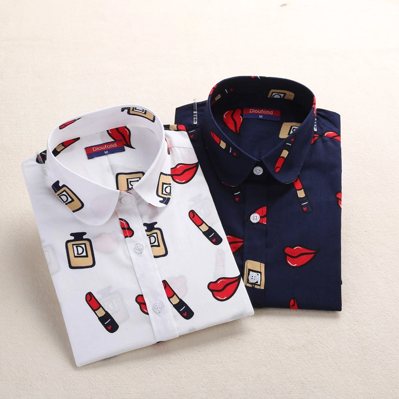 Women'S Clothing Lipstick Lip Print Top Long Sleeve Cotton Shirt Women'S Bottoming Shirt