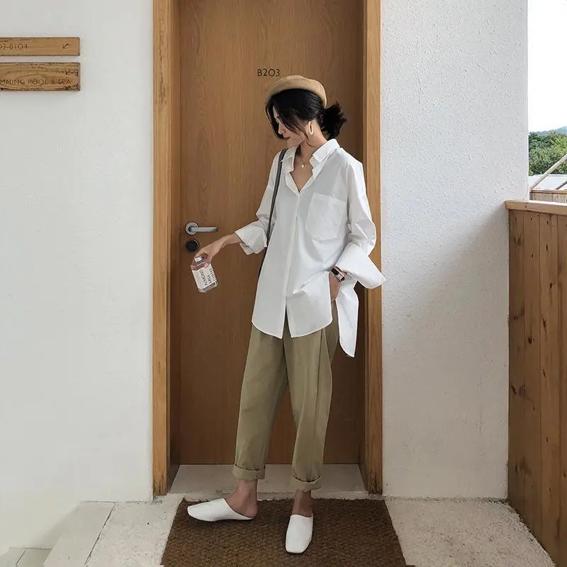 Irregular White Long-Sleeved Shirt Women