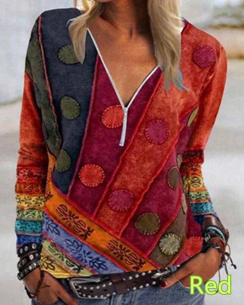 Women's Long Sleeve Element Printed V-Neck Zip T-Shirt