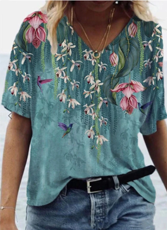 Landscape Floral Print V-neck Short Sleeves