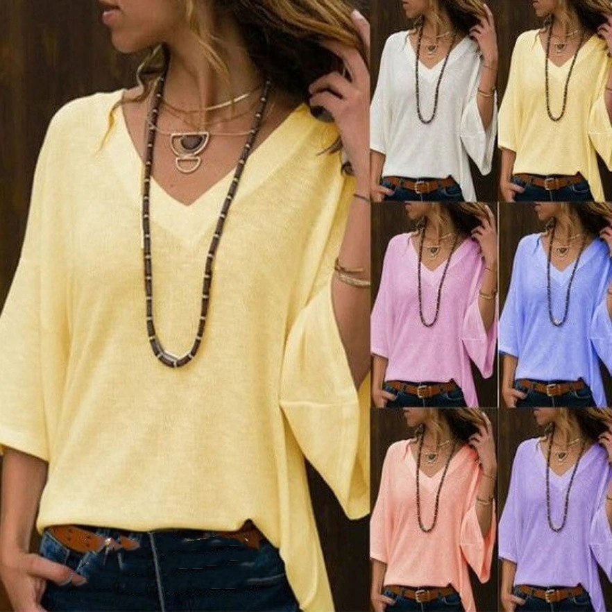 Mid Sleeve T Shirt Women's V Neck Solid Color Stitching Loose Fashion Top