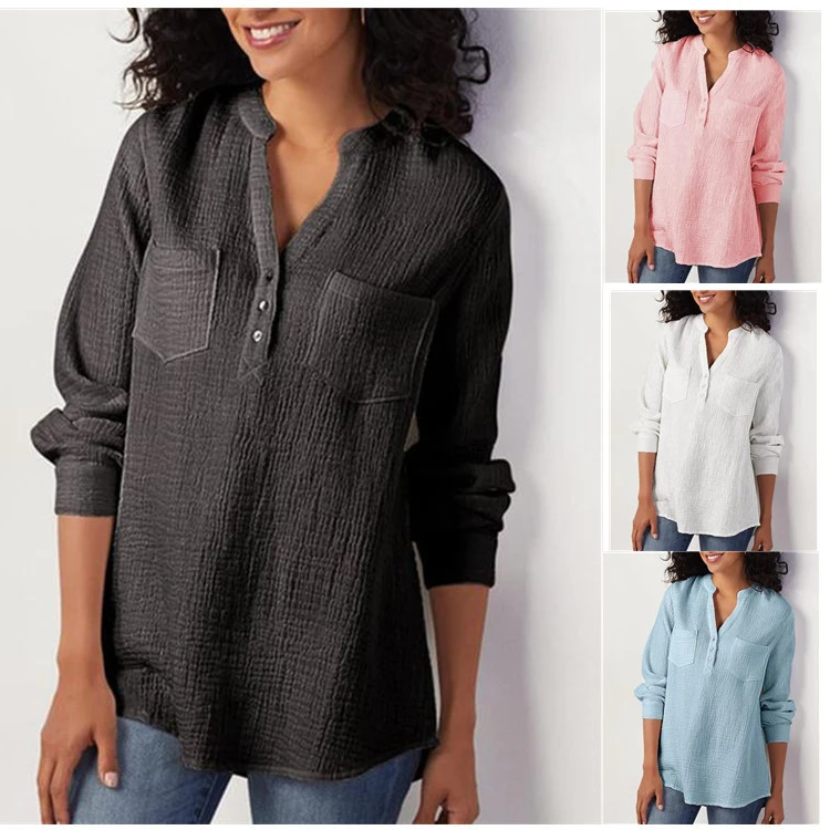 Pocket cotton and linen loose plus size top