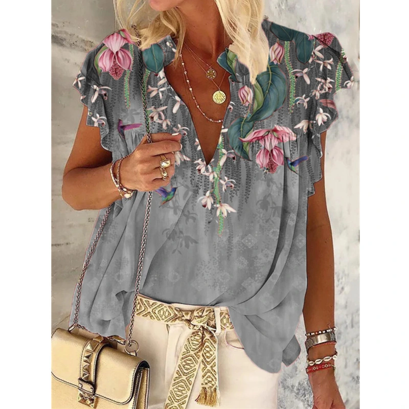 V-neck Printed Short-sleeved T-shirt Plus Size Top