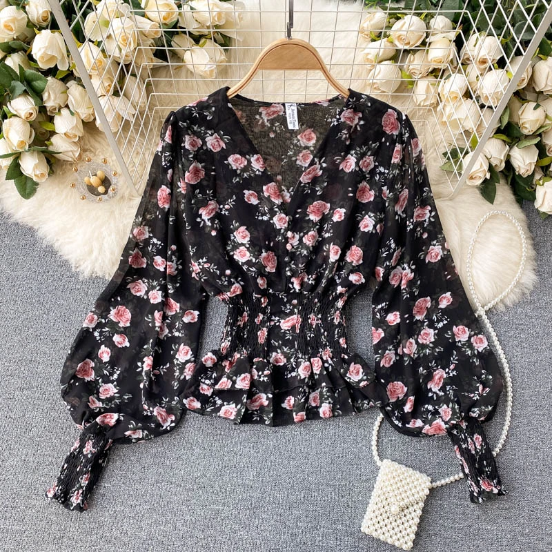 Women's Slim Temperament V-neck Slim Short Puff Sleeve Top