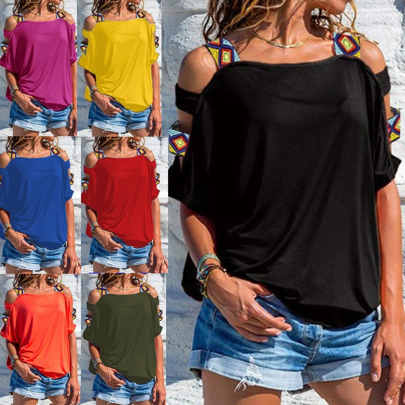 Women's Solid Color Hollow Short-Sleeved Off-The-Shoulder T-Shirt Top