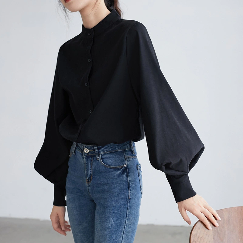 Women's Stand-Up Collar Shirt Lantern Sleeve Solid Color Shirt