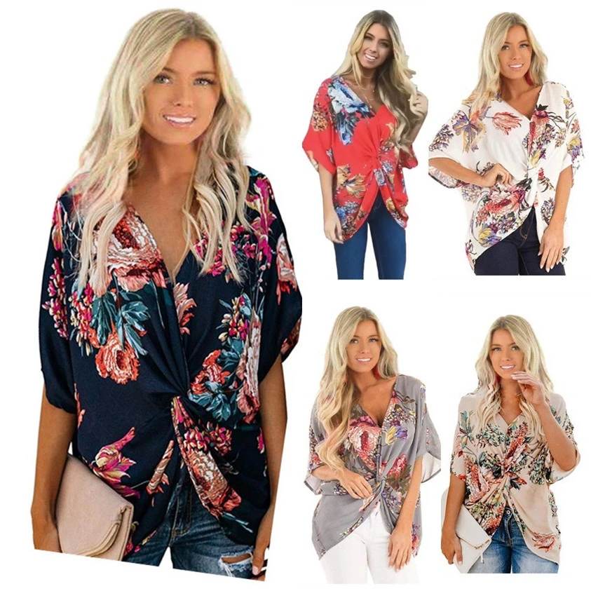 V-Neck Printed Twisted Bat Sleeves Irregular Hem Women's Clothing